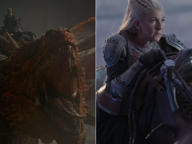Meleys the Red Queen is the mount of experienced dragonrider Rhaenys Targaryen (Emily Best), King Viserys I's cousin and the Queen Who Never Was. Meleys is an old dragon, huge and bright red, but is fearsome in battle.