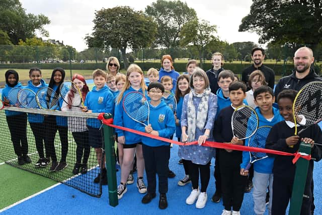 Councillor Val Walker was joined by pupils from Leith Primary and representatives from the LTA and Tennis Scotland to cut the ribbon at the official launch of Edinburgh's newly refurbished park tennis courts
