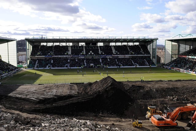 A view from the flats overlooking Easter Road stadium and the ongoing redevelopment of the East stand in March 2010. The old terracing had been completely demolished, with the all-seater East Stand set to be built.  Pic Ian Rutherford
