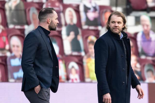 Dundee manager James McPake (left) will be hoping for Hearts win on Friday night to aid his side's chances of finishing second. (Photo by Ross MacDonald / SNS Group)
