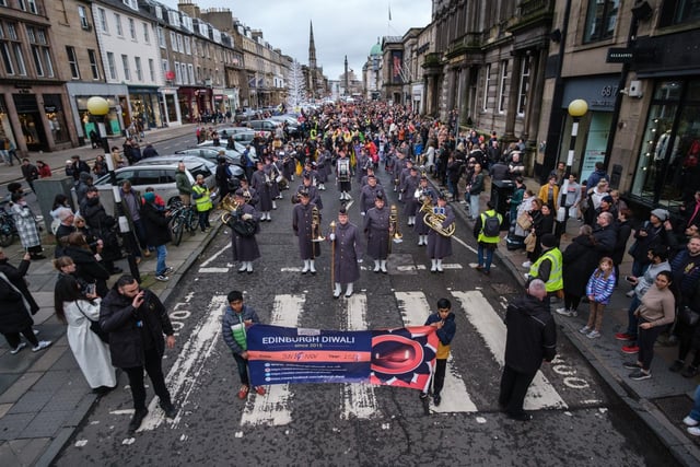 The Edinburgh Diwali Parade started from St Andrew Square before heading along George Street to Castle Street headed by the Scottish Regiment Band together with the Stockbridge Pipe Band, Glencorse Pipe Band and the Edinburgh Noise Society.