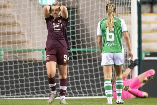 Georgia Timms reacts after seeing her late header saved in the 1-1 draw between Hearts and Hibs at Easter Road on Saturday. Picture: SNS