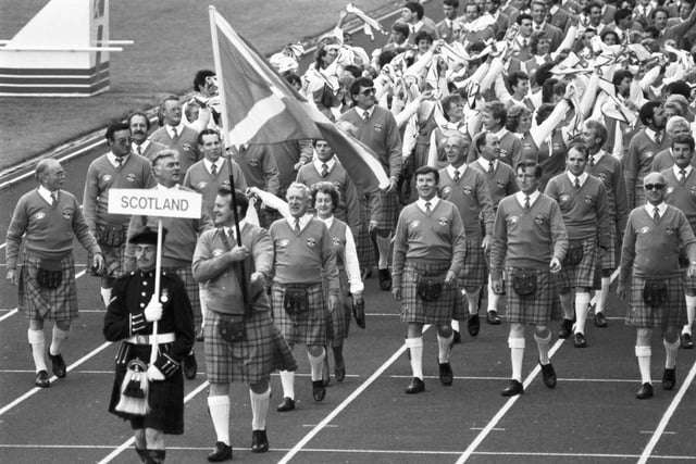 The Scottish team parade at the opening ceremony of the Edinburgh Commonwealth Games.