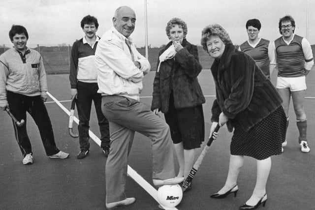 The Mayor of South Tyneside, Coun Mrs Cecilia Pearson, blows the whistle on the Mayoress, Coun Mrs Marie Coyle and Coun Gerry Graham, chairman of the Town Development Committee, when she opened the new all-weather soccer and hockey pitch at Temple Park.