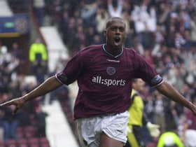 Hearts' Mark De Vries celebrates his second goal against Hibs at Tynecastle on August 11, 2002. De Vries scored four times in the 5-1 rout. Pic: Andrew Stuart