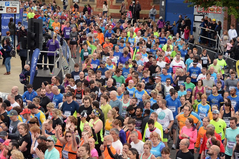 Thousands of participants gather at the Start and Finish on Arundel Gate.