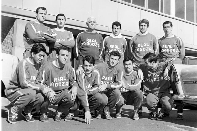 The Real Zaragoza football team are pictured outside Tynecastle before their match against Hearts in March 1966.