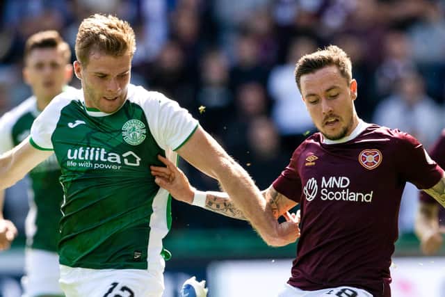 Chris Cadden and Barrie McKay tussle for possession in the first derby of the season at Easter Road in August. The teams will made there again in the Scottish Cup fourth round. Picture: Alan Harvey / SNS