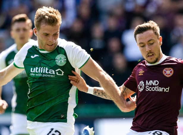 Chris Cadden and Barrie McKay tussle for possession in the first derby of the season at Easter Road in August. The teams will made there again in the Scottish Cup fourth round. Picture: Alan Harvey / SNS