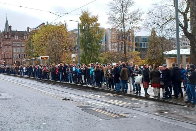 The crowded platform at the St Andrew Square tram stop on Saturday.