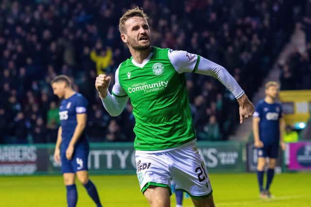 Jason Naismith celebrates making it 2-0 to Hibs during the Ladbrokes Premiership match against Kilmarnock at Easter Road on November 30, 2019. (Photo by Alan Harvey / SNS Group)