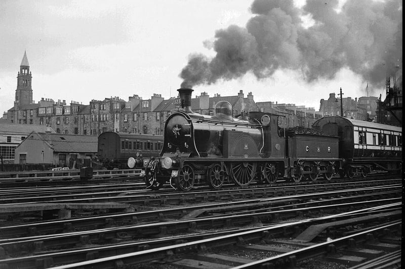 Legendary Caledonian Railway locomotive number 123 arrives at Princes Street Station, 1962.