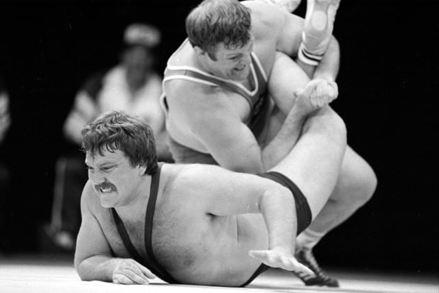 Scotland's Albert Patrick gets a grip on Australian's Dru Schaffer in the 1986 Commonwealth Games wrestling (130 kg class) at Meadowbank stadium.