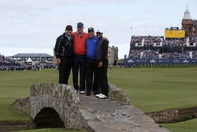 Nick Price, Tom Weiskopf, Mark O'Meara and Tiger Woods pictured during the Champion Golfers' Challenge ahead of the Millenium Open in 2000. Picture: Adrian Dennis/AFP via Getty Images.