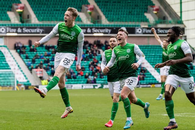 Jake Doyle-Hayes celebrates after scoring his second goal against Ross County in the 2-0 win at Easter Road. Picture: SNS