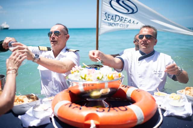 Party time with guests and crew at the Champagne and caviar splash. Image: SeaDream Yacht Club