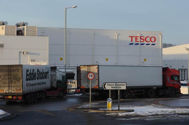 Lorries at the gates of the Tesco distribution centre at Deans, Livingston.   Picture: Ian Rutherford