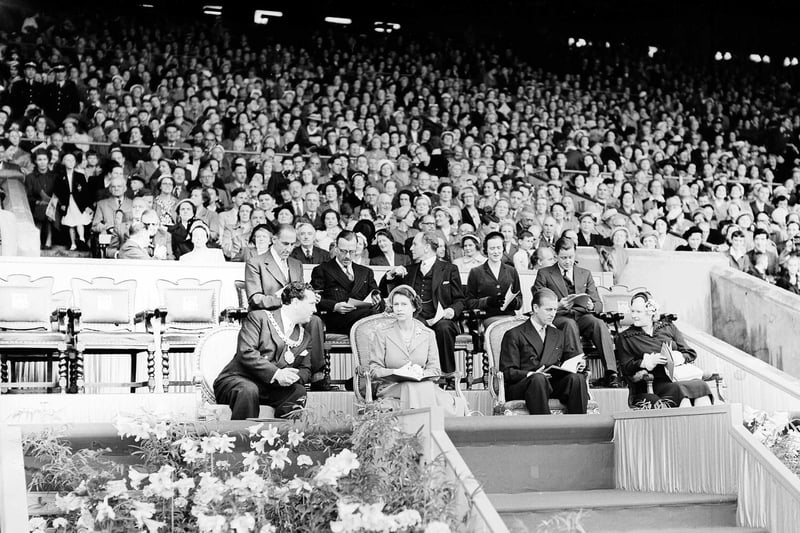 Murrayfield Youth Rally in June 1953: The Queen, Duke of Edinburgh and Lady Provost are in the Royal Box.
