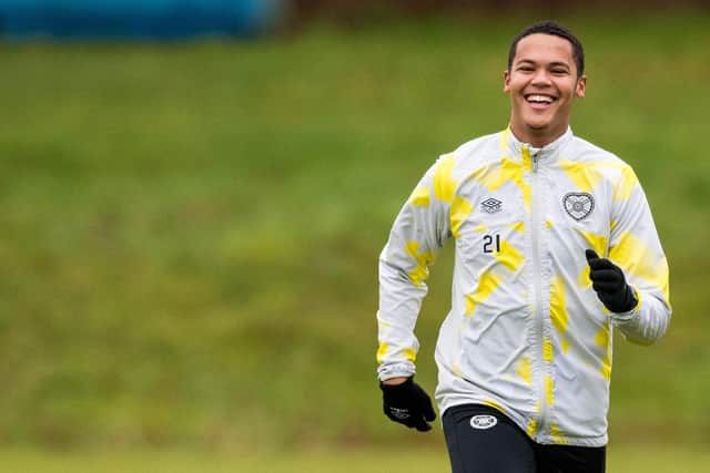 Toby Sibbick is all smiles in training after helping Hearts to defeat Hibs in Monday's Edinburgh derby. Picture: SNS