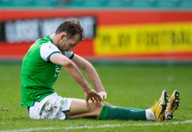Hibs striker Christian Doidge shows his frustration after missing a chance during the Scottish Premiership match against Motherwell at Easter Road on Saturday. (Photo by Mark Scates / SNS Group)