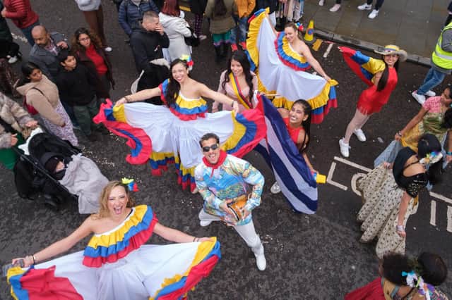 Colombian dance group El Encanto on the Edinburgh Diwali parade on George Street.