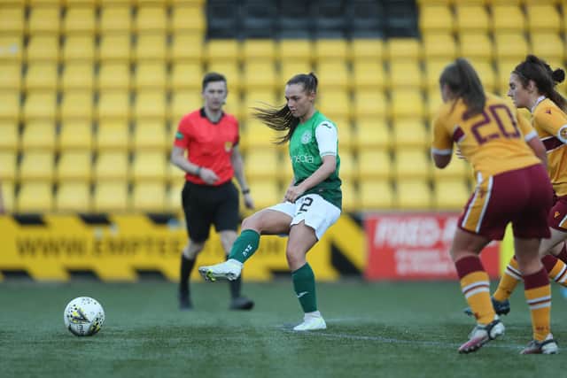 McAlonie on the ball during the recent 7-1 victory over Motherwell. Picture: Craig Doyle / Hibernian Women