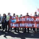 Protests take place after P&O Ferries sacked it's entire UK Crew on March 18, 2022 in Dover, England.