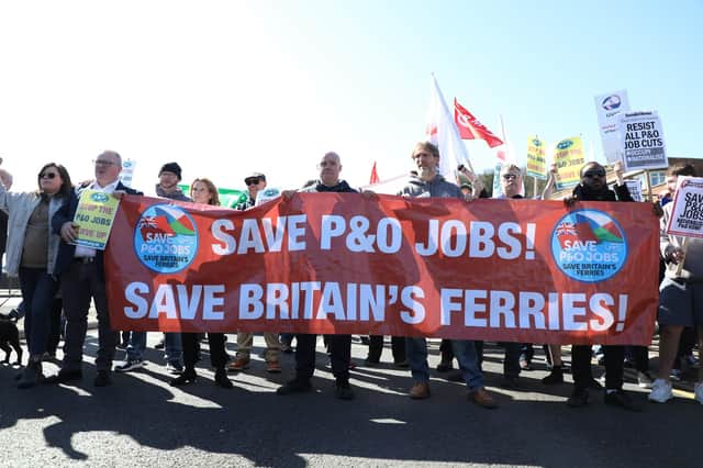 Protests take place after P&O Ferries sacked it's entire UK Crew on March 18, 2022 in Dover, England.