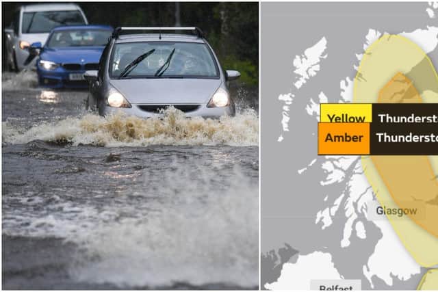 Heavy rainfall is expected to cause flooding across Scotland, with the Met Office issuing an amber warning for thunderstorms (Getty Images/Met Office)