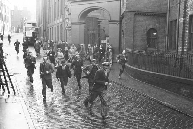 In 1951 Edinburgh's largest factory was the North British Rubber Company's works at Castle Mills Edinburgh which employed 3,664 people. In 1966 the company changed name to Uniroyal and the factory closed in 1973. Staff are pictured running out of the factory at the end of a shift.