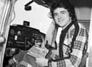 Les McKeown of the Bay City Rollers, dressed in the band's trademark tartan, takes a flying lesson at Turnhouse airport in April 1975