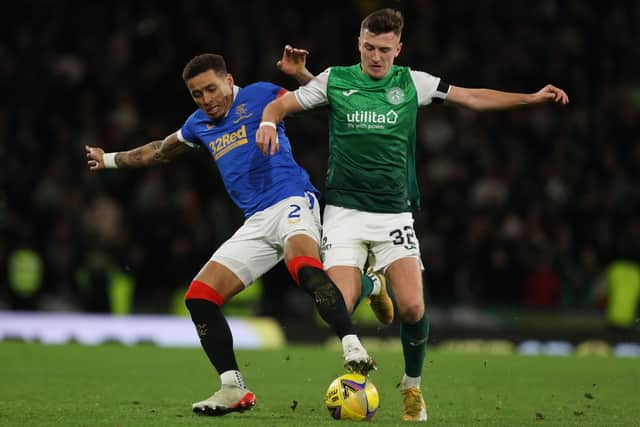 Hibernian's Josh Campbell puts Rangers captain James Tavernier under pressure at Hampden. It was an energetic performance from the midfielder on a rare start in the Premier Sport Cup semi-final