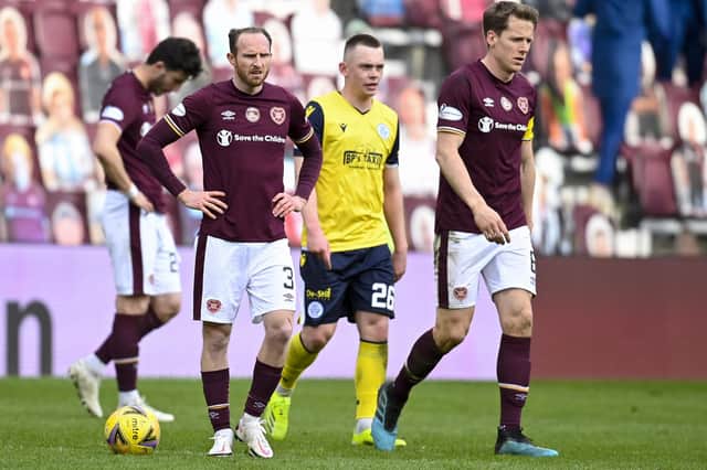 Hearts' Aidy White and Christophe Berra can't hide their dejection at full-time.