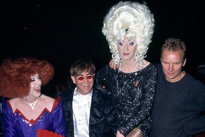 Sting (far right), Paul O'Grady as Lily Savage (second right) and Elton John at the 1994 Stonewall Equality Show at the Royal Albert Hall in London, England on 23 October, 1994.