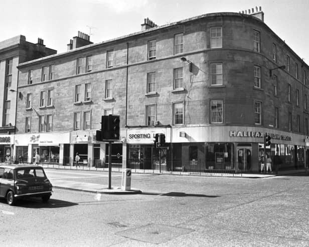 Tenement housing at the corner of Earl Grey Street and Fountainbridge in Edinburgh, August 1987. Also in picture the Halifax building society.