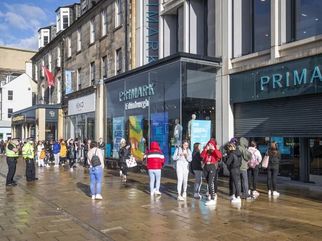 People queue outside the flagship Scottish Primark store on Princes Street in Edinburgh after it reopened following the initial spring 2020 lockdown. Picture: Jane Barlow/PA Wire