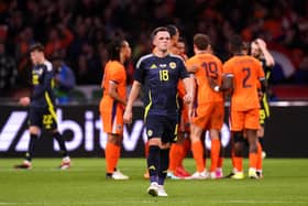 Scotland's Lawrence Shankland reacts after Netherlands' Tijjani Reijnders scores their side's first goal.