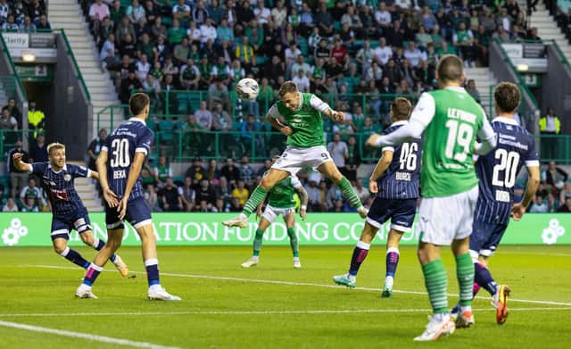 Dylan Vente heads Hibs into a 2-1 lead over Swiss side Luzern in the first leg clash at Easter Road. Picture: SNS