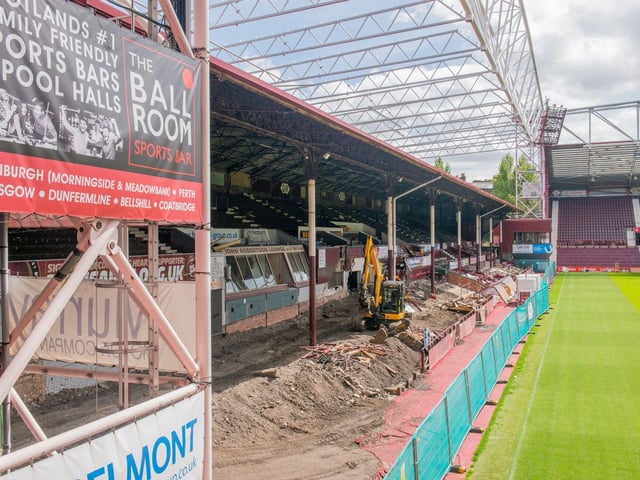 Demolition work continues at Tynecastle Park Stadium in 2017 as they knock down the old stand, which had been there for over 100 years, and construct the new home main stand.