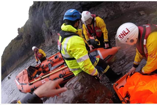 An 11-year-old boy plunged 15ft from a set of rocks near Johnston’s Hole, at the back of the harbour wall in Dunbar, sparking a major rescue operation. Photo: Dunbar RNLI)