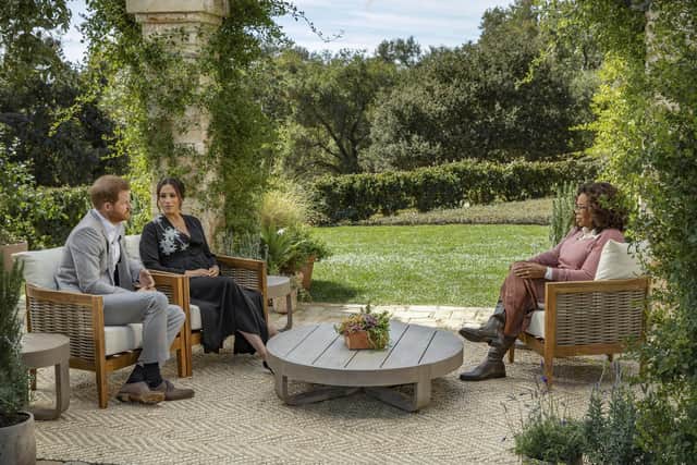 Duke and Duchess of Sussex during their interview with Oprah Winfrey which was broadcast in the US on March 7 picture: Joe Pugliese/Harpo Productions