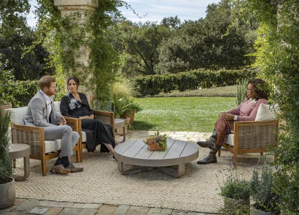 Duke and Duchess of Sussex during their interview with Oprah Winfrey which was broadcast in the US on March 7 picture: Joe Pugliese/Harpo Productions