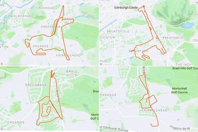 An enigmatic runner has spent his lockdown months running routes along Edinburgh’s streets that map the outlines of extraordinary animals on the exercise-tracking app, Strava.