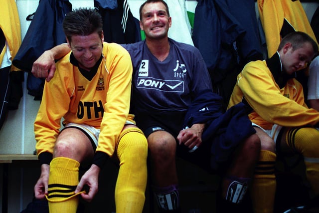 Chris Waddle relaxes with his Worksop Town team-mates.