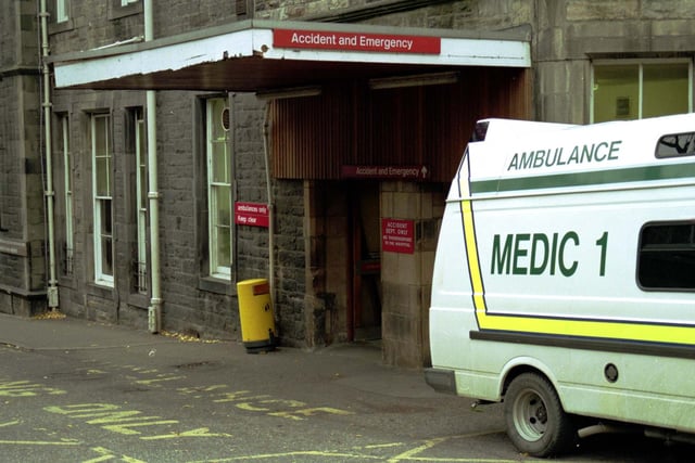 An ambulance parked outside the Accident and Emergency department of the Edinburgh Royal Infirmary in 1990, when the hospital was still located at Lauriston Place on the fringes of the Old Town.
