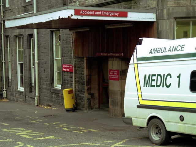An ambulance parked outside the Accident and Emergency department of the Edinburgh Royal Infirmary in 1990, when the hospital was still located at Lauriston Place on the fringes of the Old Town.