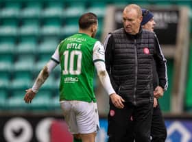 Hamilton manager Brian Rice shares his frustration with Hibs Martin Boyle at half-time after his defender, Jamie Hamilton, had been sent off for a challenge on the Easter Road goalscorer. Photo by Craig Williamson / SNS Group