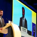 Scottish First Minister and SNP leader Humza Yousaf making his keynote speech during the party's conference in Aberdeen. Picture: Andrew Milligan/PA Wire