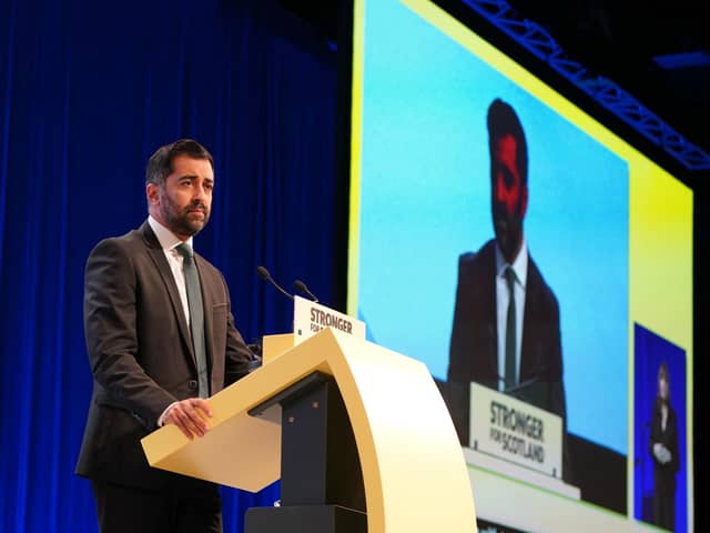 Scottish First Minister and SNP leader Humza Yousaf making his keynote speech during the party's conference in Aberdeen. Picture: Andrew Milligan/PA Wire