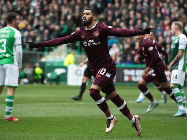 Josh Ginnelly scores to put Hearts 1-0 ahead against Hibs in the Scottish Cup.